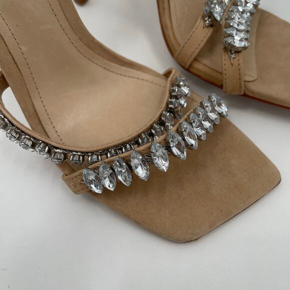 SCHUTZ Linsey Heels Size 9.5 Nubuck Leather Light Nude Rhinestone Square Toe - Picture 4 of 16